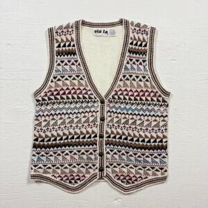 Vintage 90s Via L.A. Fair Isle Knit Sweater Vest Geometric Pattern, Size Medium